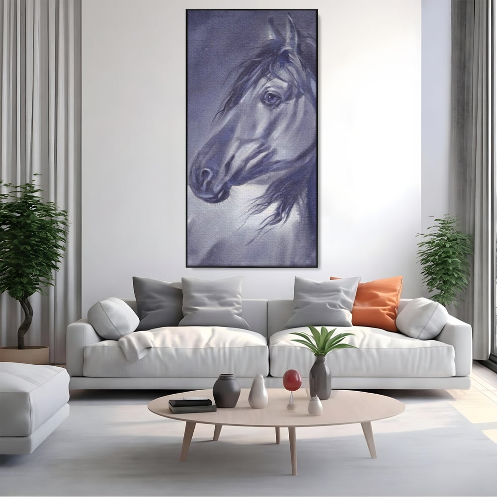 Tablou canvas cu tablou canvas cu portret de cal gri, in rama de aluminiu negru, pe perete intr-un living